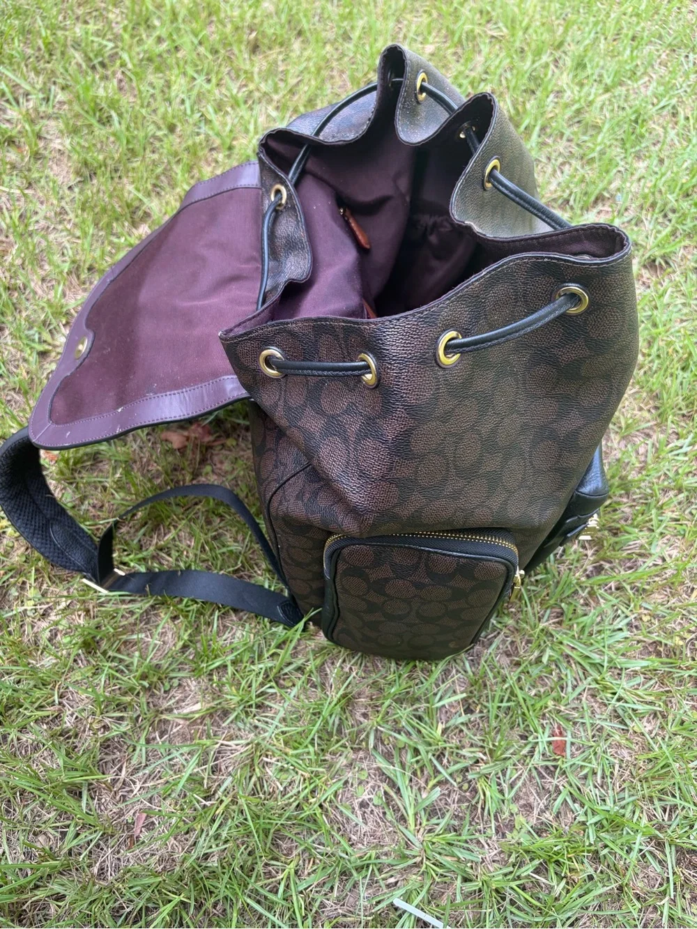 Coach Brown Signature Canvas Backpack with Black Leather Trim baby bag